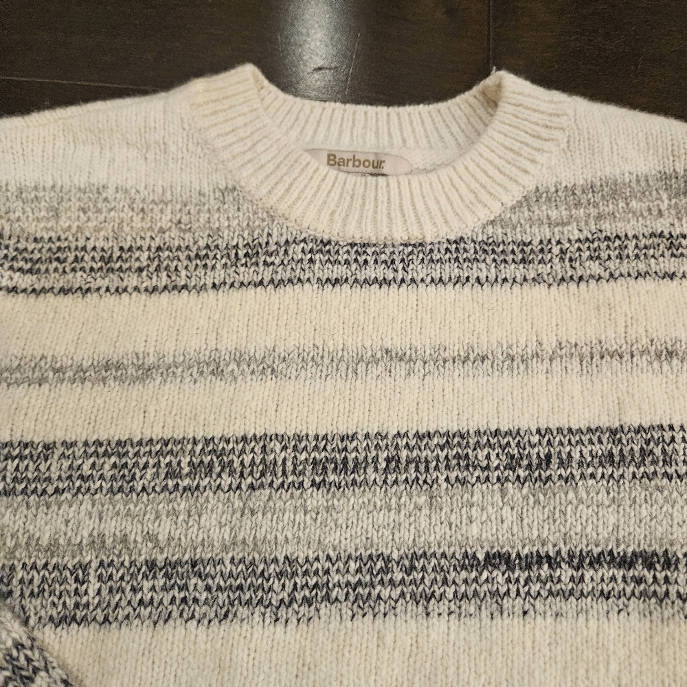 Barbour Ivory Grey Striped Anya Wool Blend Jumper Sweater US12 UK16 Chunky Prep - Picture 3 of 9